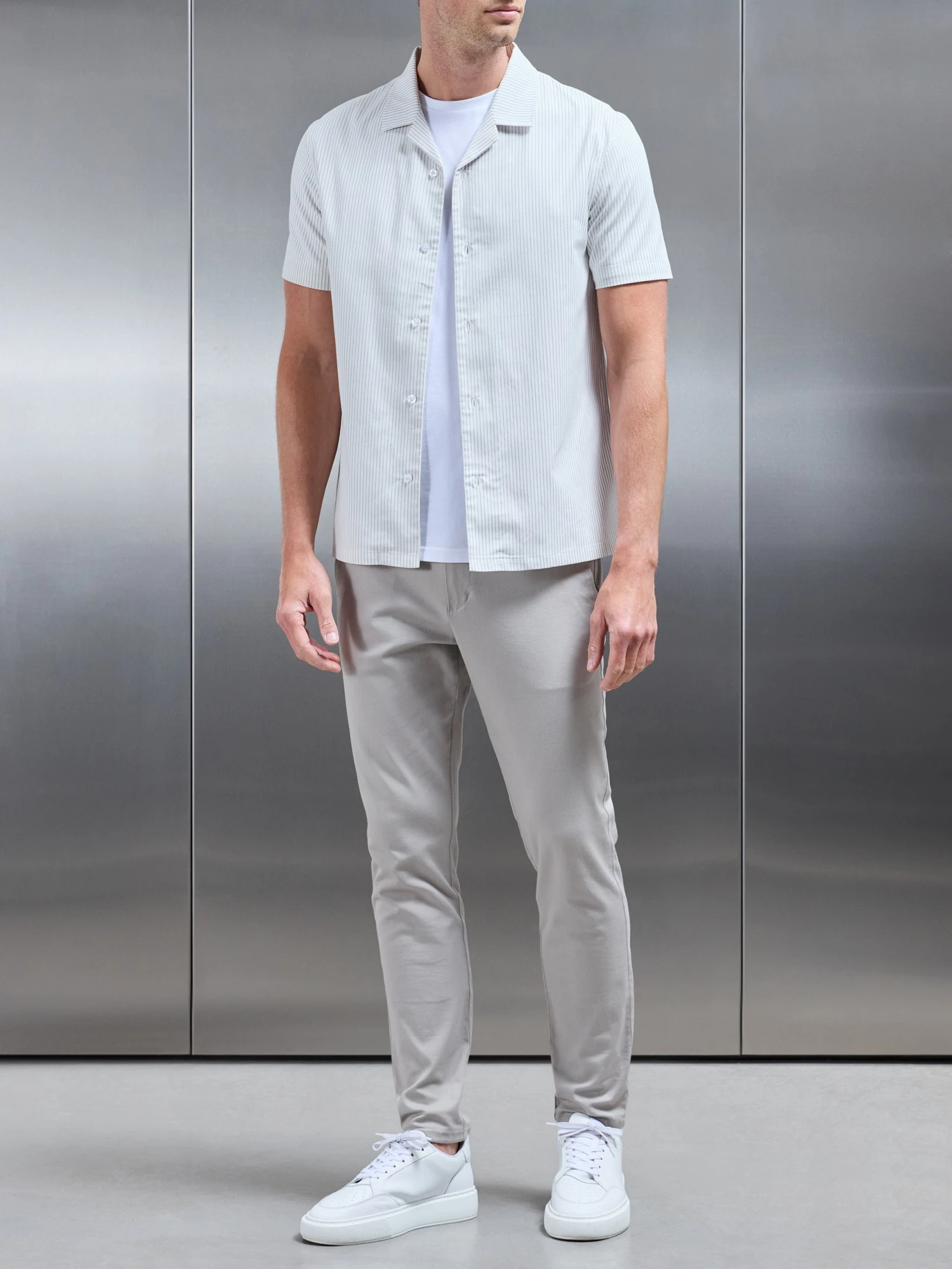 Stripe Short Sleeve Revere Collar Shirt In White 9 Stripe Short Sleeve Revere Collar Shirt In White - Image 7