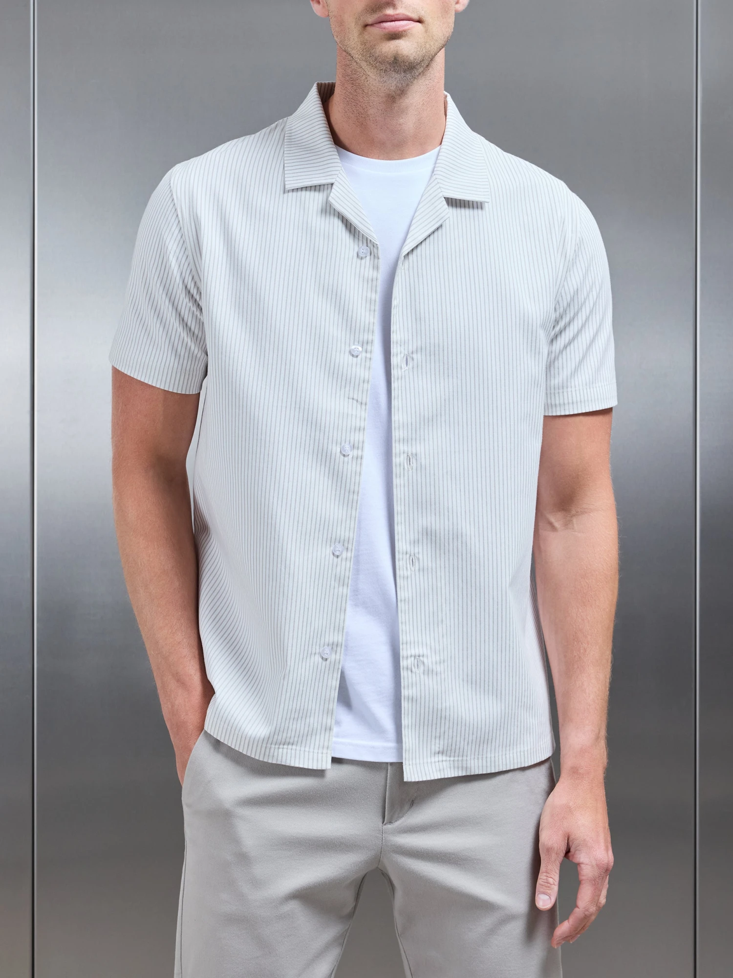 Stripe Short Sleeve Revere Collar Shirt In White 7 Stripe Short Sleeve Revere Collar Shirt In White - Image 5