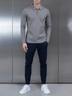 Supima Cotton Long Sleeve Button Polo Shirt In Dark Stone -Cheap Shirts Shop SUPIMACOTTONLONGSLEEVEBUTTONPOLOINDARKSTONE3912