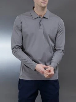 Supima Cotton Long Sleeve Button Polo Shirt In Dark Stone -Cheap Shirts Shop SUPIMACOTTONLONGSLEEVEBUTTONPOLOINDARKSTONE3926