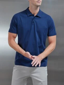 Mercerised Supima Cotton Button Polo Shirt In Navy