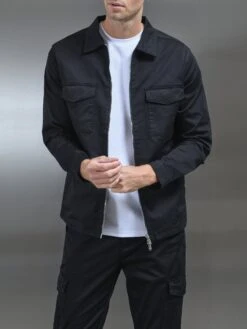 Tailored Cotton Cargo Jacket In Black