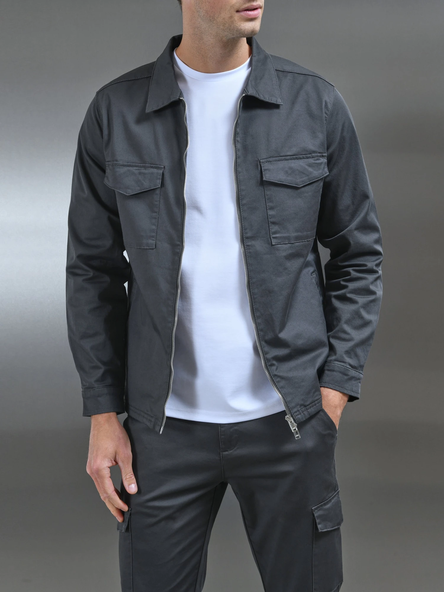 Tailored Cotton Cargo Jacket In Grey 3 Tailored Cotton Cargo Jacket In Grey