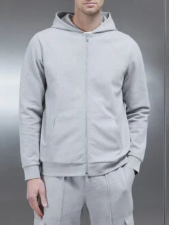 Technical Jersey Zip Through Hoodie In Marl Grey
