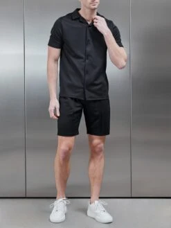Textured Interlock Revere Collar Shirt In Black -Cheap Shirts Shop TEXTURED INTERLOCK REVERE COLLAR SHIRT IN BLACK 9045