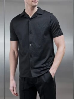 Textured Interlock Revere Collar Shirt In Black -Cheap Shirts Shop TEXTURED INTERLOCK REVERE COLLAR SHIRT IN BLACK 9059