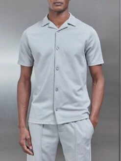 Textured Interlock Revere Collar Shirt In Mid Grey