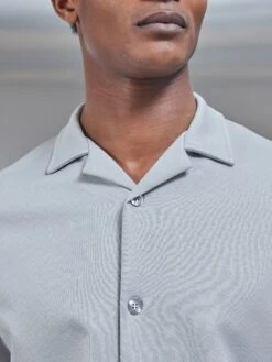 Textured Interlock Revere Collar Shirt In Mid Grey -Cheap Shirts Shop TEXTURED INTERLOCK REVERE COLLAR SHIRT IN MID GREY 10785