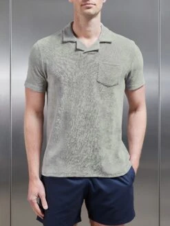 Towelling Revere Collar Polo Shirt In Stone