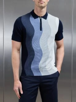 Wave Knitted Zip Polo Shirt In Navy