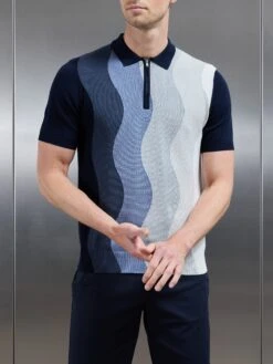 Wave Knitted Zip Polo Shirt In Navy -Cheap Shirts Shop WAVE KNITTED POLO SHIRT IN NAVY 5859