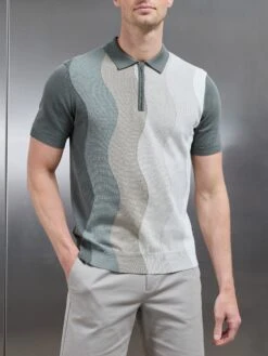 Wave Knitted Zip Polo Shirt In Sage